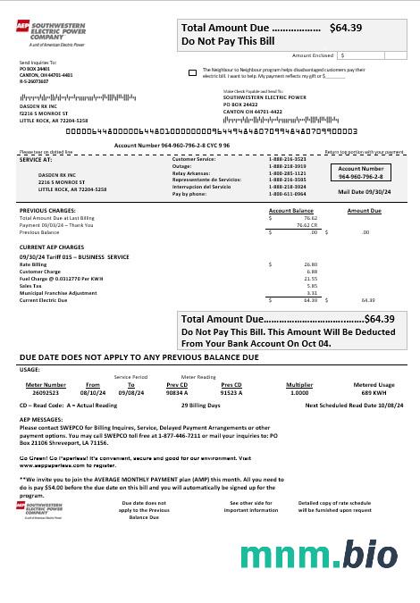 USA Louisiana AEP (Southwestern Electric Power Company) szablon rachunku za energię elektryczną w formatach Word i PDF
